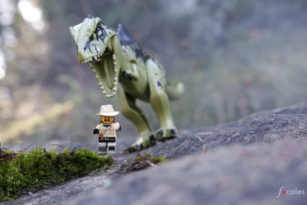 Un dinosaure cours après une mini figurine Leo.